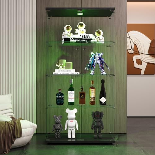 Black 4 Shelves Glass Display Cabinet with Light and Lock N746