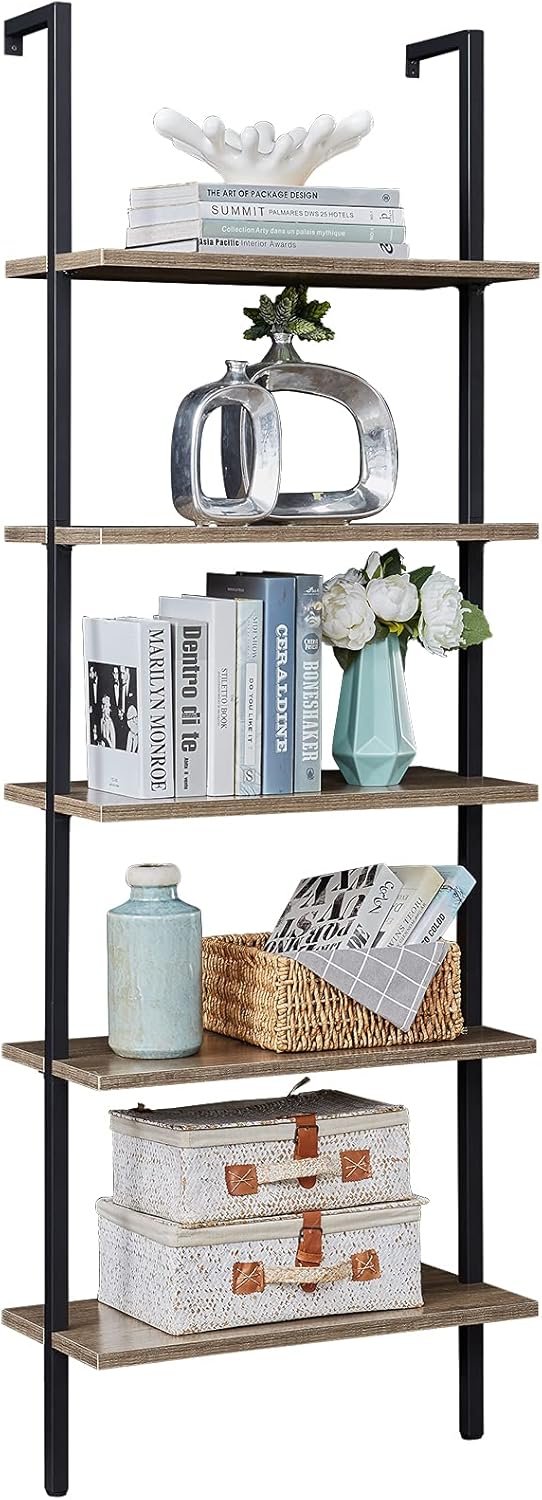 5-Tier Wall-Mounted Bookshelf with Metal Frame I83715