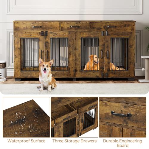White Wooden Double Dog Crate with 3 Drawers B322