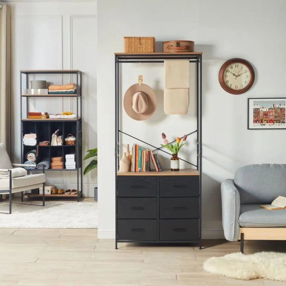 Freestanding Clothing Rack with Hanging Rod and 6 Drawer Wooden Wardrobe Armoire D172