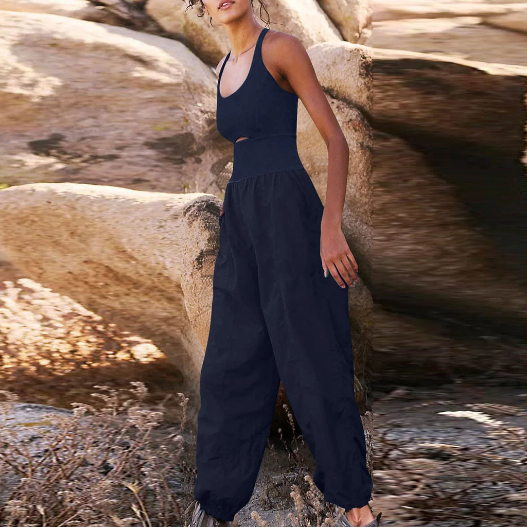Square Neck Sleeveless Solid Color Sports Jumpsuit Q184793