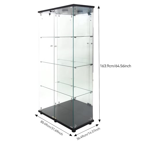 Black 4 Shelves Glass Display Cabinet with Light and Lock N746