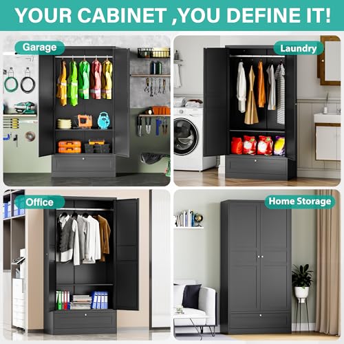 White Metal Wardrobe Cabinet with Adjustable Shelves and Hanging Rod U8464