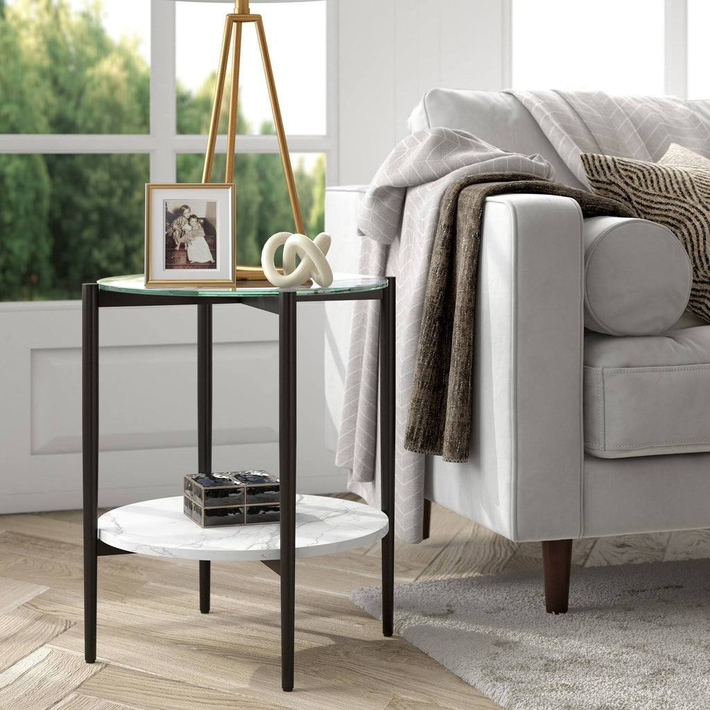 Blackened Bronze Side Table with Faux Marble Shelf J12919