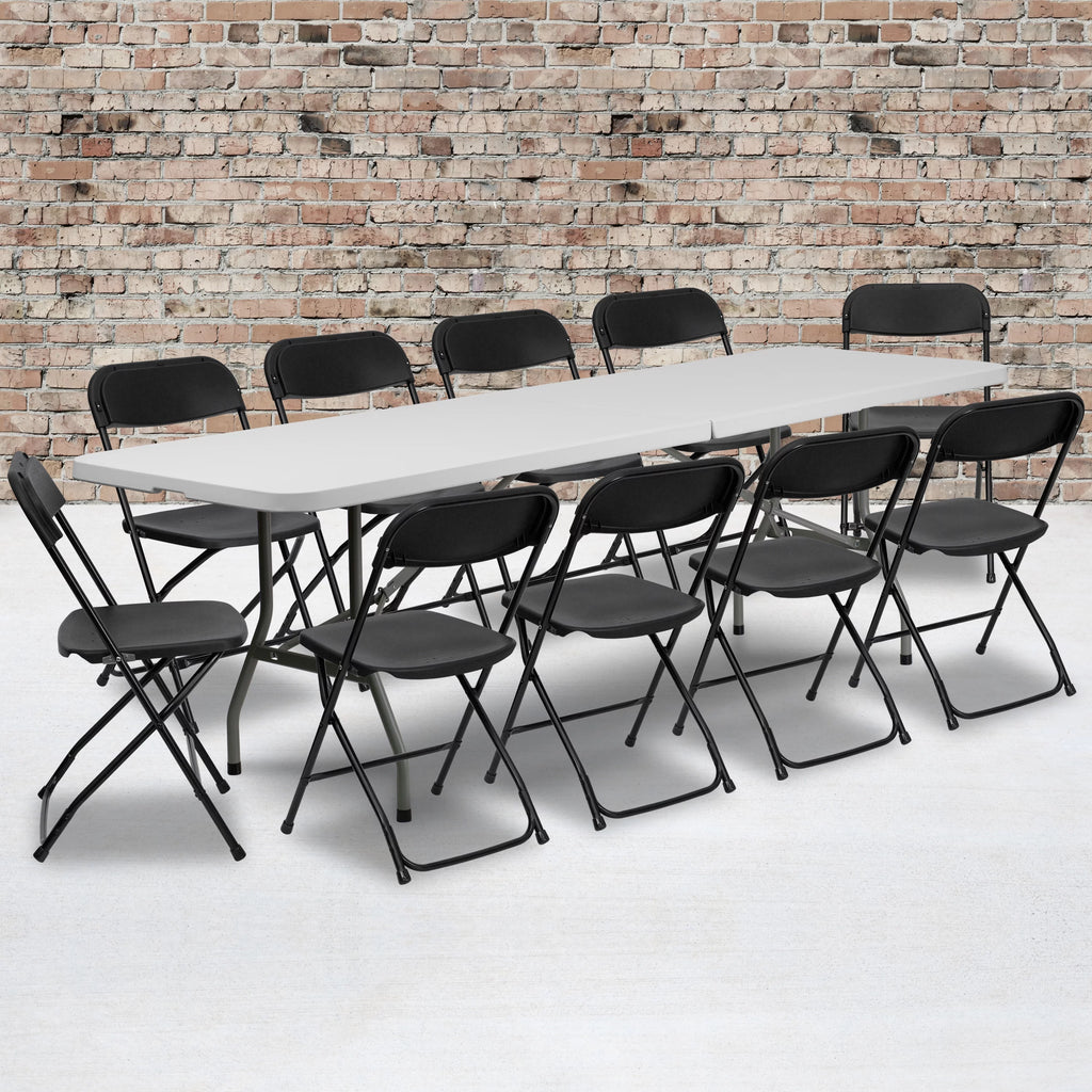 8' White Plastic Folding Table Set with 10 Folding Chairs M93603