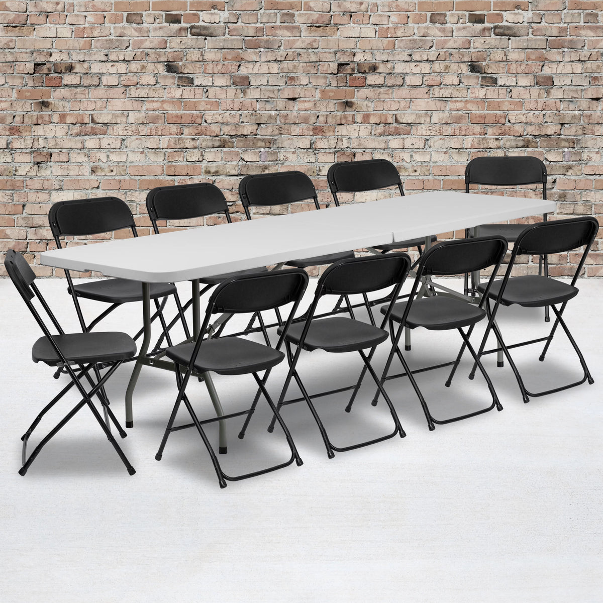 8' White Plastic Folding Table Set with 10 Folding Chairs M93603