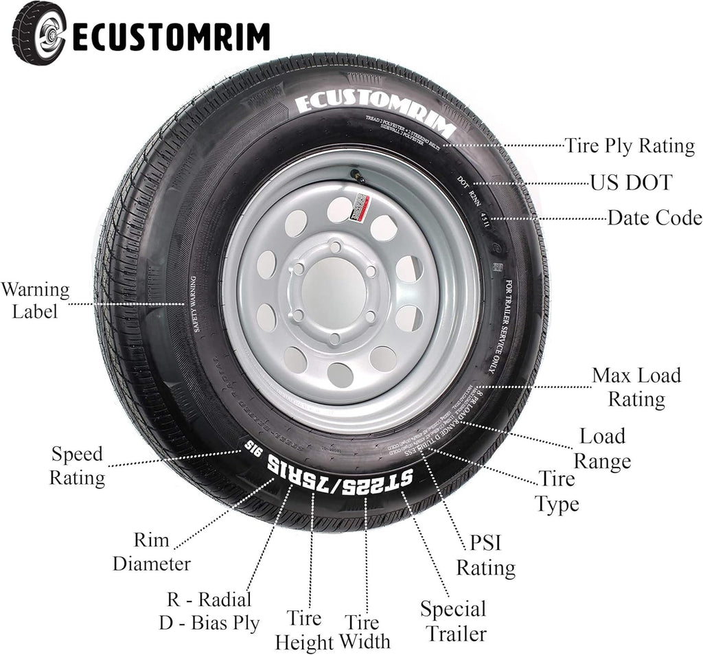 15" 6X5.5 Silver Modular Trailer Wheel with Radial ST225/75R15 10 PLY Tire Mounted E998