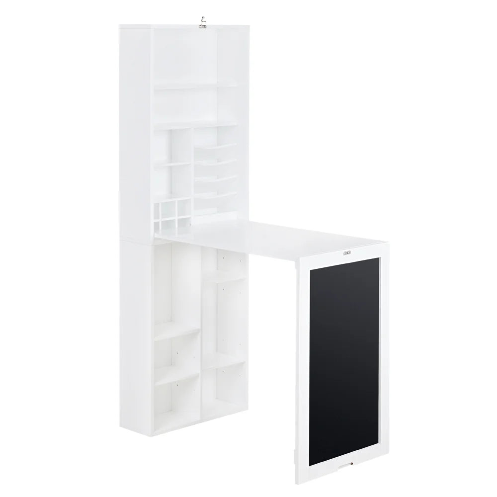 White Collapsible Fold Down Desk Table & Wall Cabinet with Chalkboard & Bottom Shelf P48781