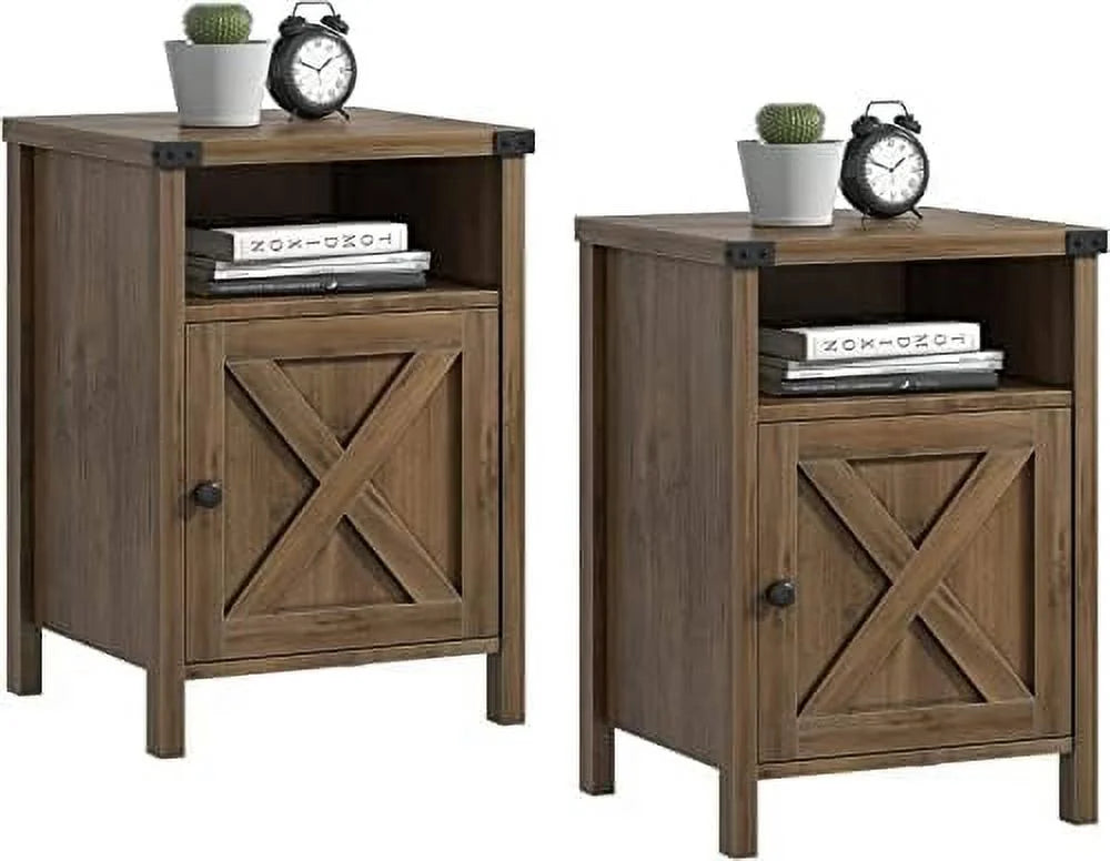 Farmhouse Wooden End Table Set of 2 with Barn Door L138