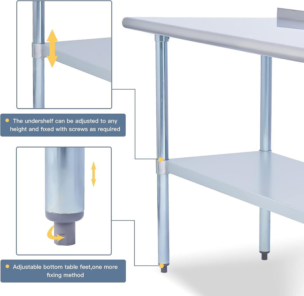 Stainless Steel Metal Work Table with Backsplash, 24 x 60 Inches M9420