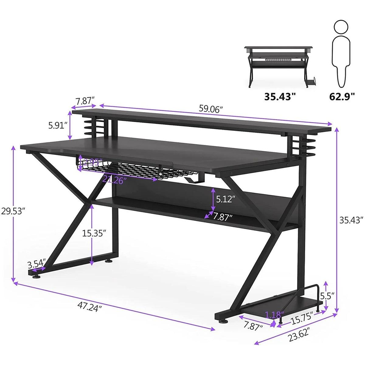 Gaming Desk with Storage Shelf and Monitor Shelf T52531