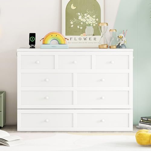 White Full Size Murphy Bed with Charging Station and Drawers S6620