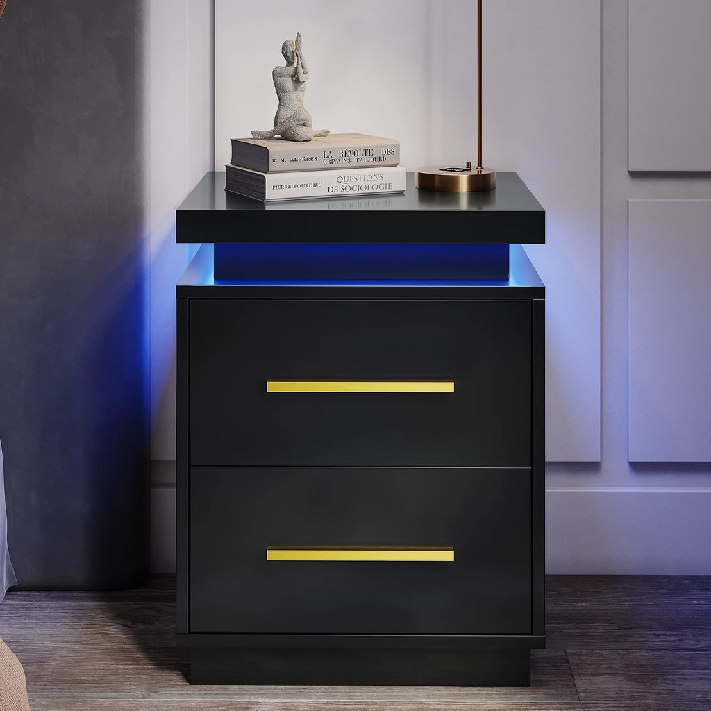 Black Set of 2 End Tables with LED Lights and Two Drawers I738511