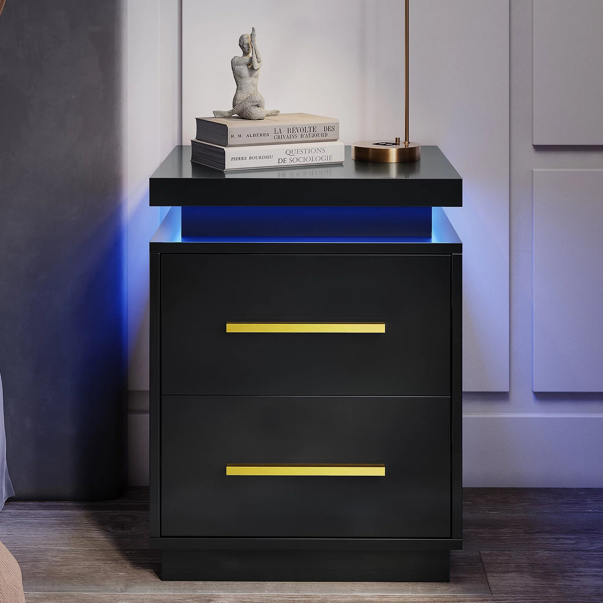 Black Set of 2 End Tables with LED Lights and Two Drawers I738511