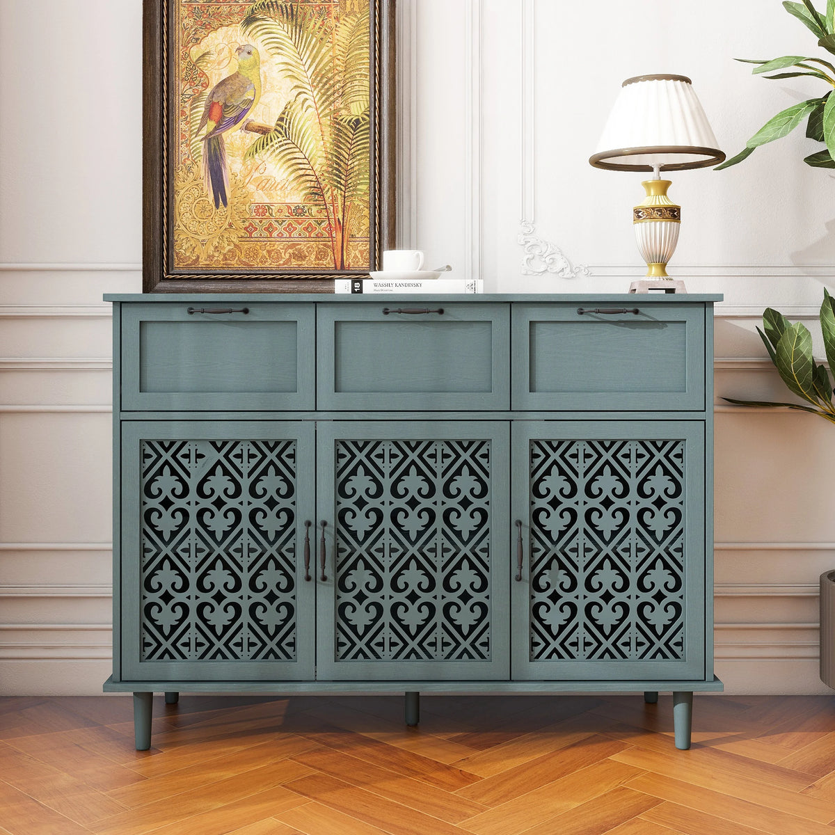 Dark Green 3 Door 3 Drawer Sideboard Storage Cabinet B4973