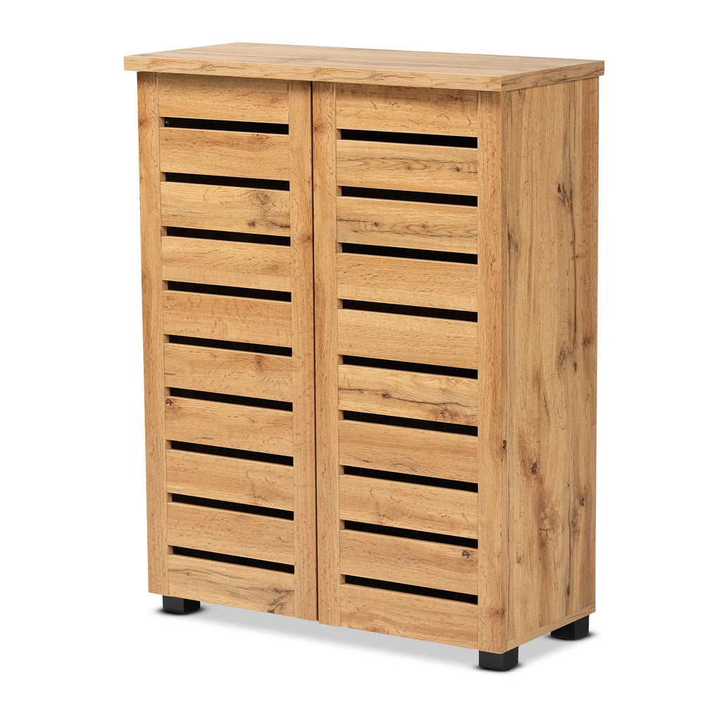 Oak Brown Finished Wood 2-Door Shoe Storage Cabinet R52102