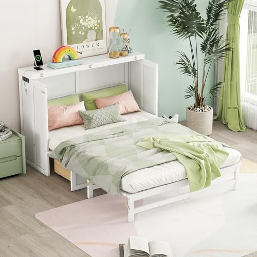 White Full Size Murphy Bed with Charging Station and Drawers S6620