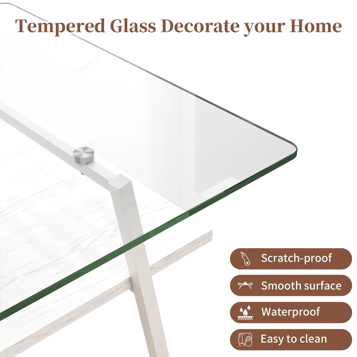 Rectangle Coffee Table with Tempered Glass Tabletop and White Metal Legs K9415