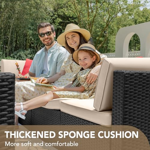 7 Pieces Wicker Rattan Outdoor Sectional Sofa Set with Cushion and Glass Table I74421