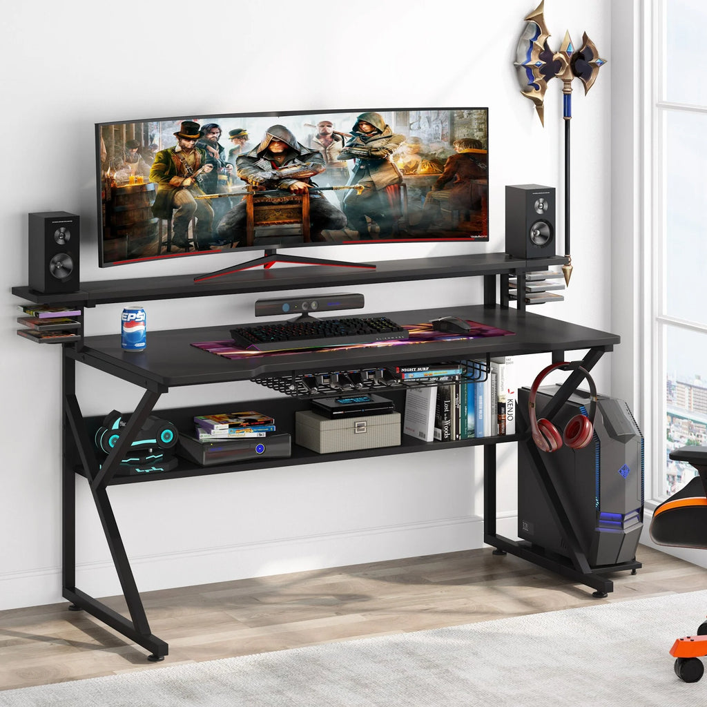 Gaming Desk with Storage Shelf and Monitor Shelf T52531