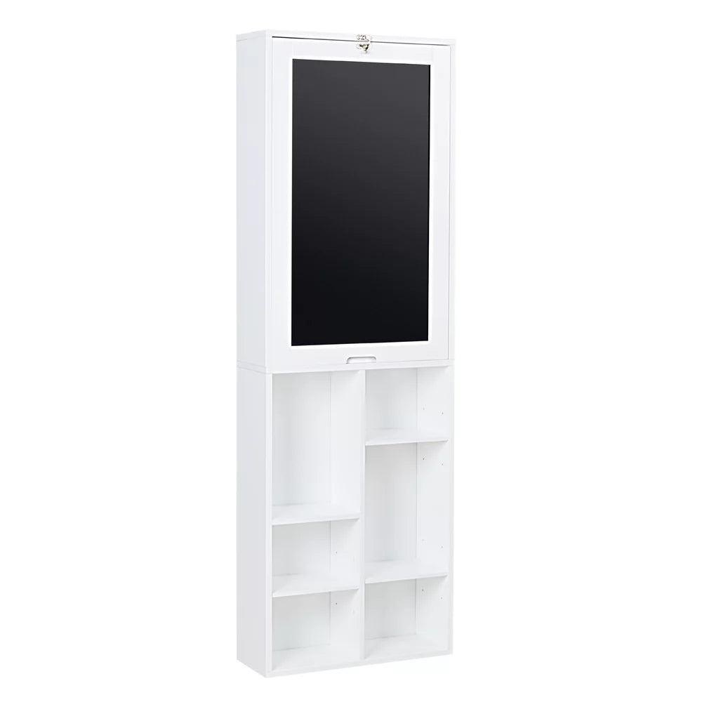 White Collapsible Fold Down Desk Table & Wall Cabinet with Chalkboard & Bottom Shelf P48781