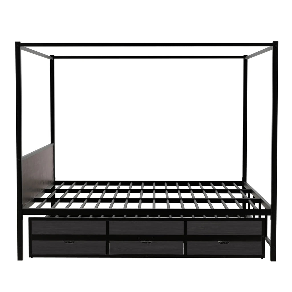 Queen Size Black Metal Canopy Platform Bed with Trundle and 3 Storage Drawers Z859