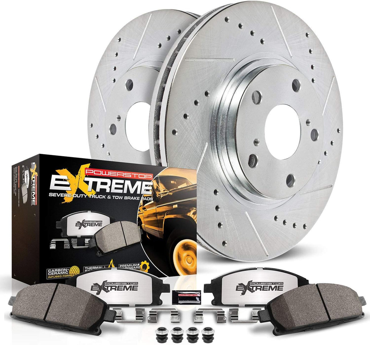 Carbon Fiber Ceramic Brake Pads and Drilled Slotted Brake Rotors Brake Kit B33528