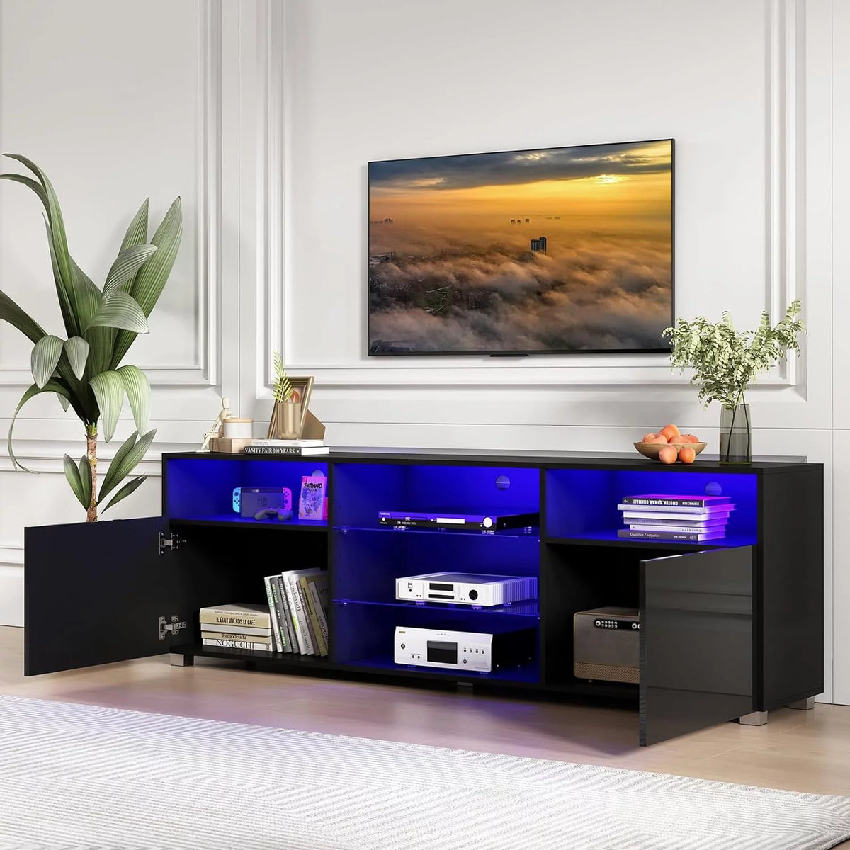 Black LED TV Stand with Glossy Cabinets H185188