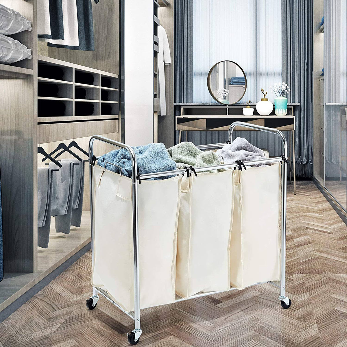 Mobile 3-Bag Laundry Hamper Sorter Cart I367
