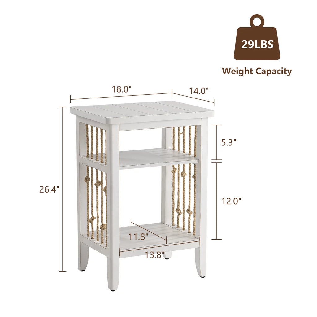 White 3-Tier MDF Side Table with Hemp Rope N62725