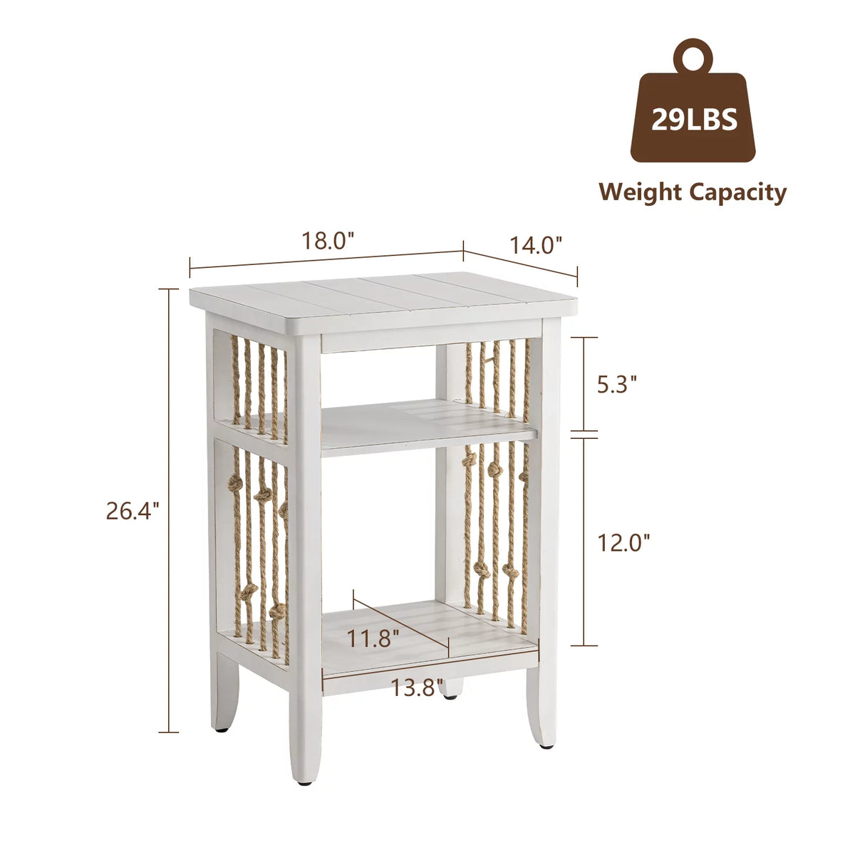 White 3-Tier MDF Side Table with Hemp Rope N62725