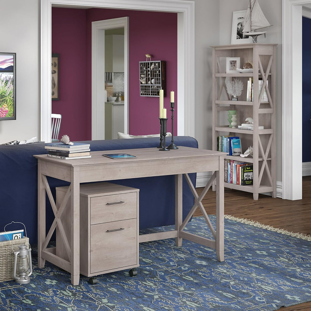 48W Writing Desk with 2 Drawer Mobile File Cabinet and 5 Shelf Bookcase T509119
