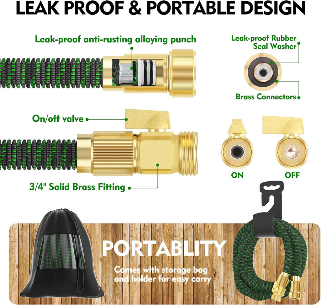 100ft Expandable Garden Hose with 10 Function Nozzle and Solid Brass Fittings U4050