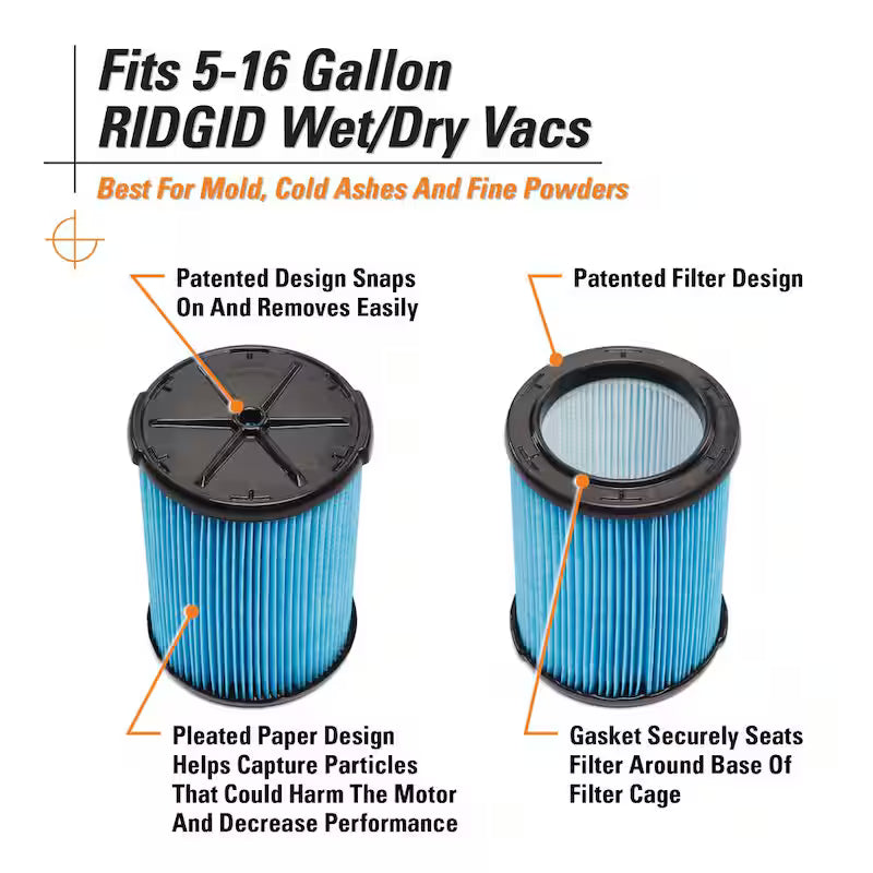 Pleated Paper Wet/Dry Vac Replacement Cartridge Filter E386