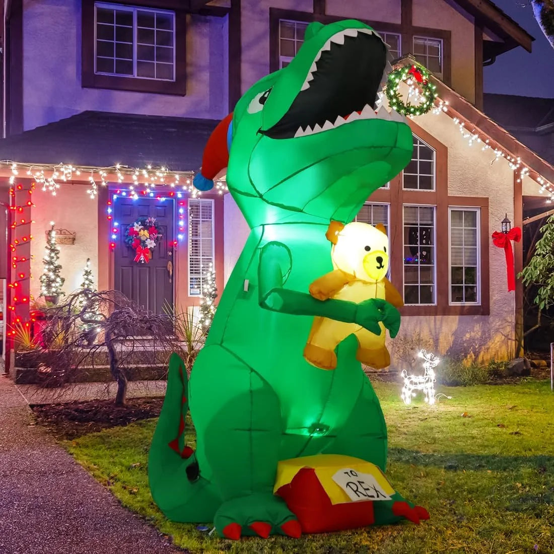 7FT Green Dinosaur Christmas Inflatable with Build-in LED Light I4707