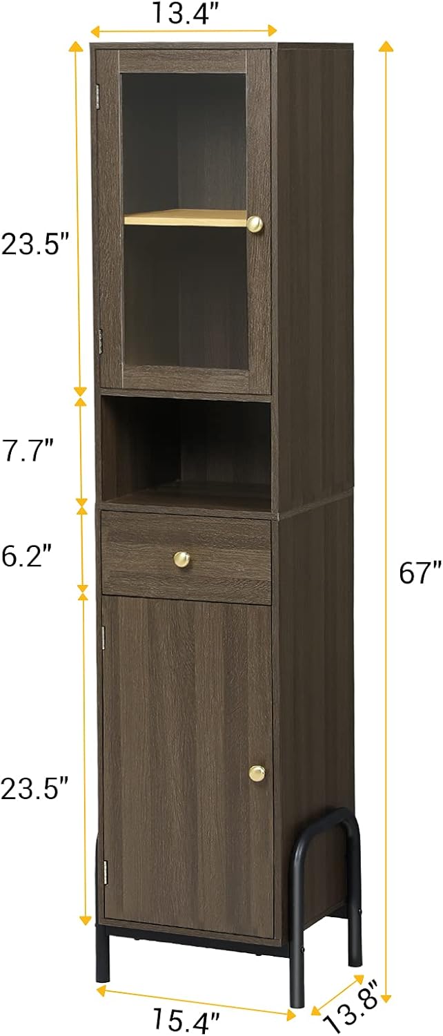 67'' Tall Bathroom Storage Cabinet with Drawer, Glass Door & Shelves L8796