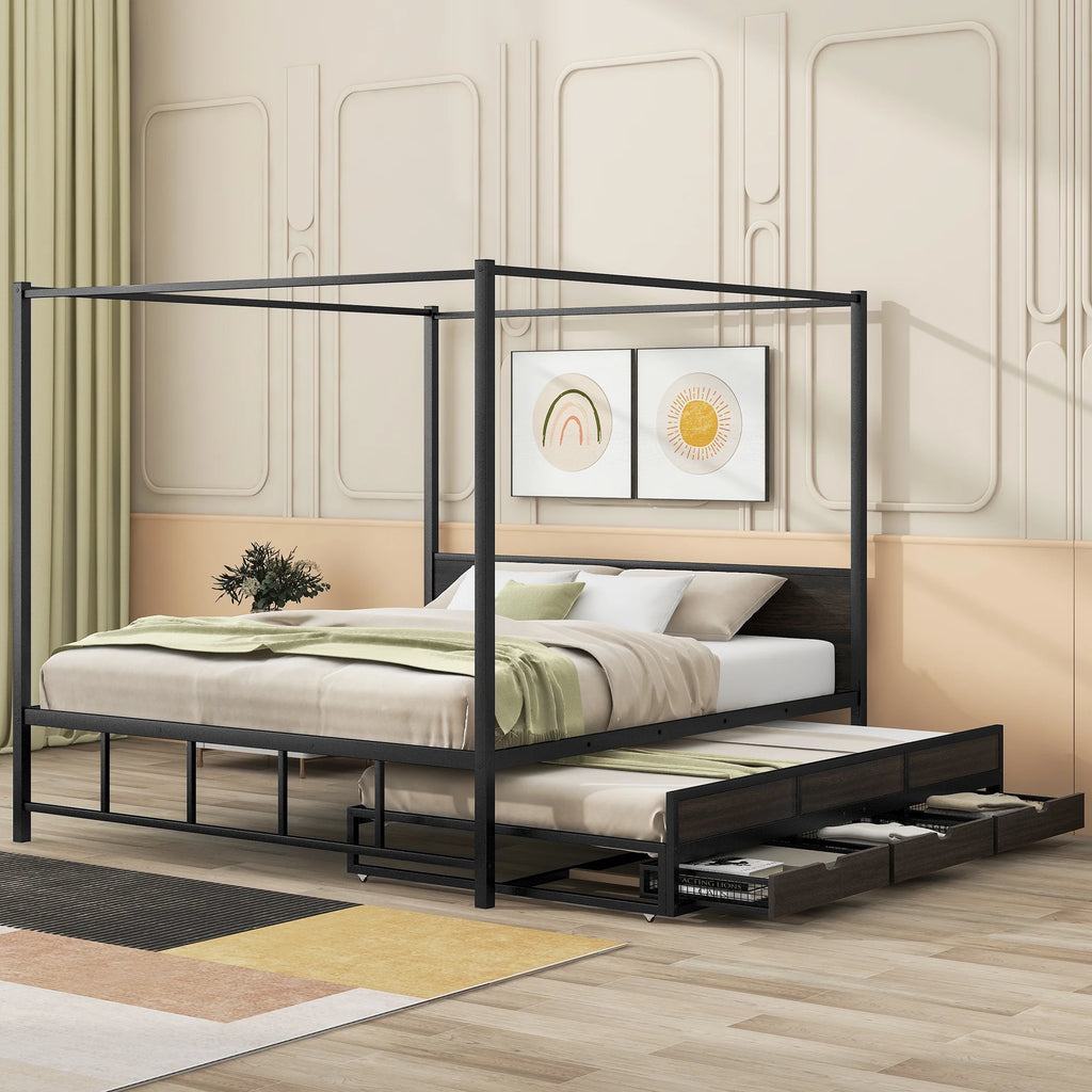 Queen Size Black Metal Canopy Platform Bed with Trundle and 3 Storage Drawers Z859
