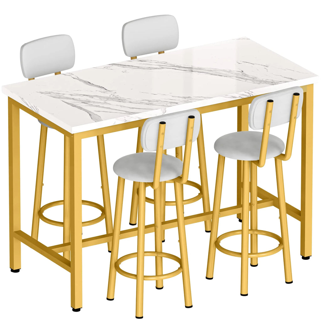 Faux Marble Counter Height Dining Table Set with 4 PU Upholstered Stools E199