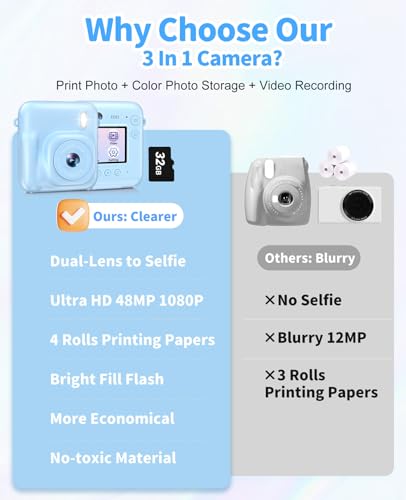 Instant Print Kids Camera 48MP 1080P with 32GB Card V8724