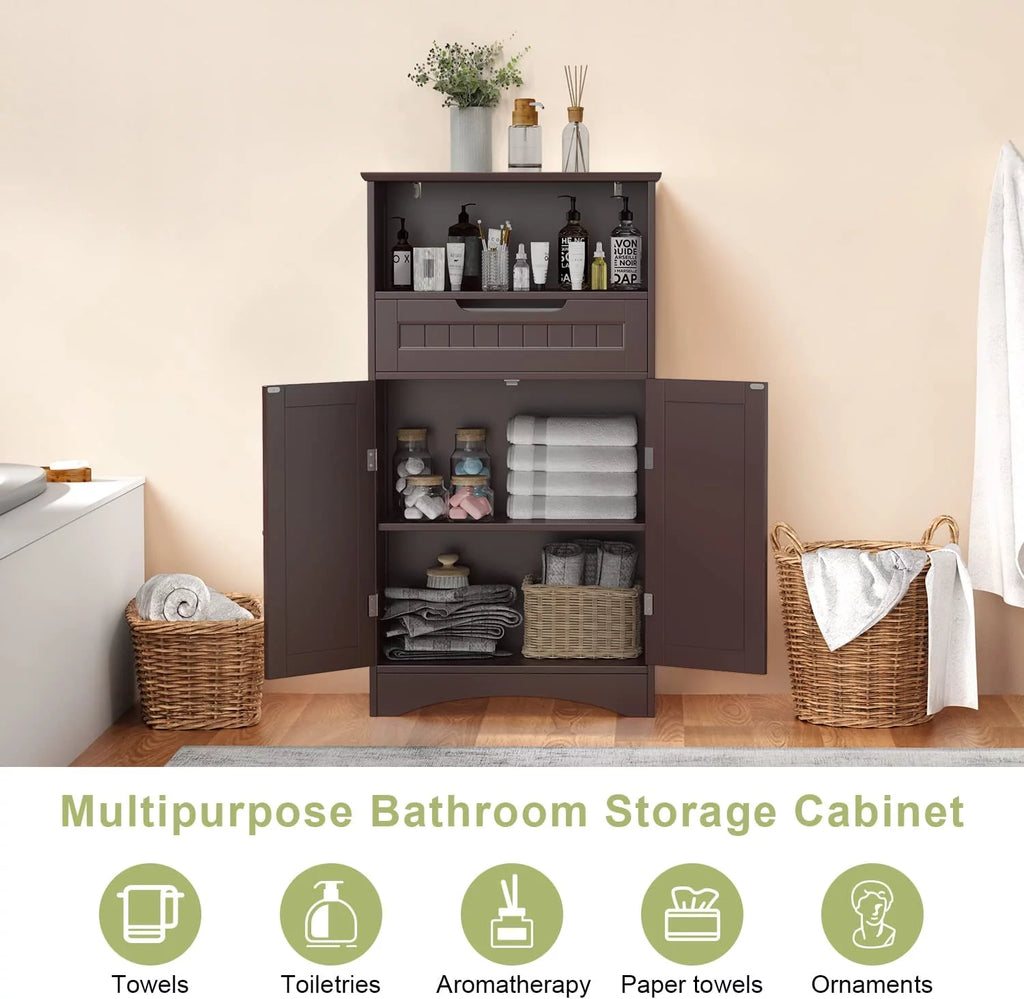 Dark Brown Bathroom Storage Cabinet with Drawer and Shelf M765852