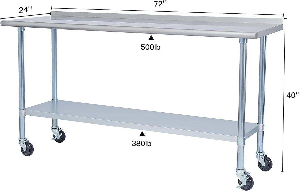 Stainless Steel Metal Work Table with Backsplash, 24 x 60 Inches M9420