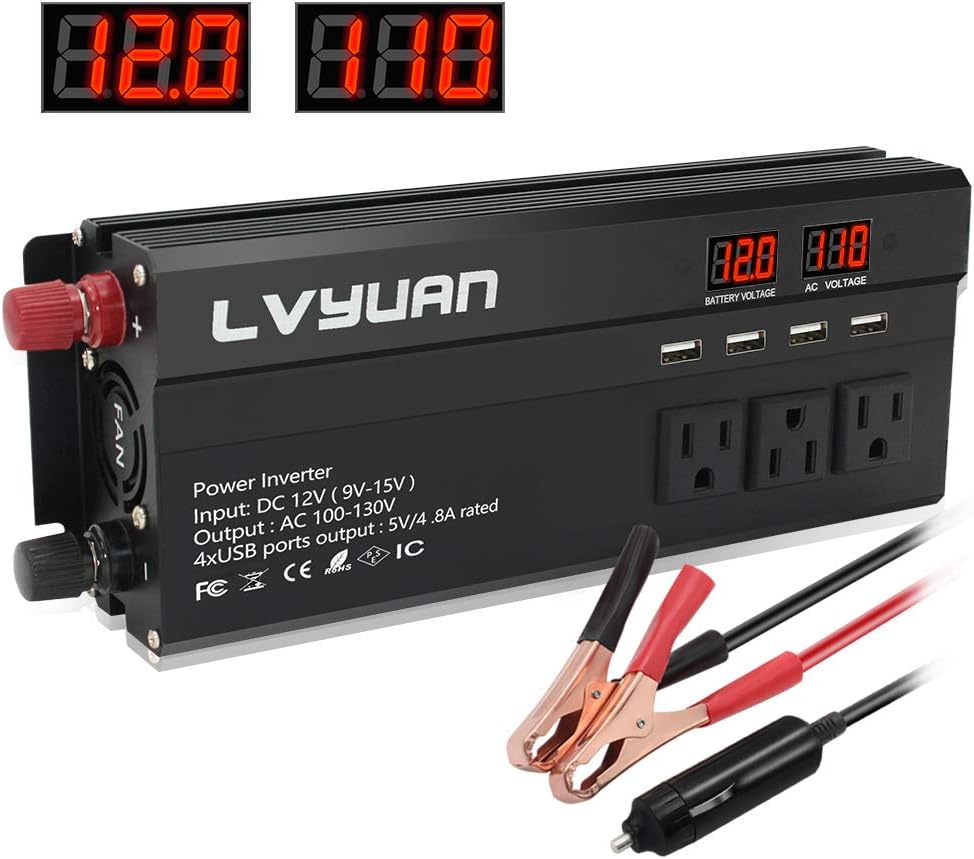 Power Inverter 1000W/2000W 4 AC Outlets 4 USB Charging Ports DC to AC 12V to 110V with Digital LCD Display Pack of 2 T46117