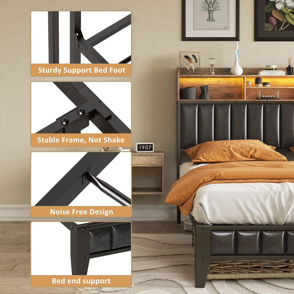 Rustic Brown Full Bed Frame with Leather Headboard and LED Lights R940342