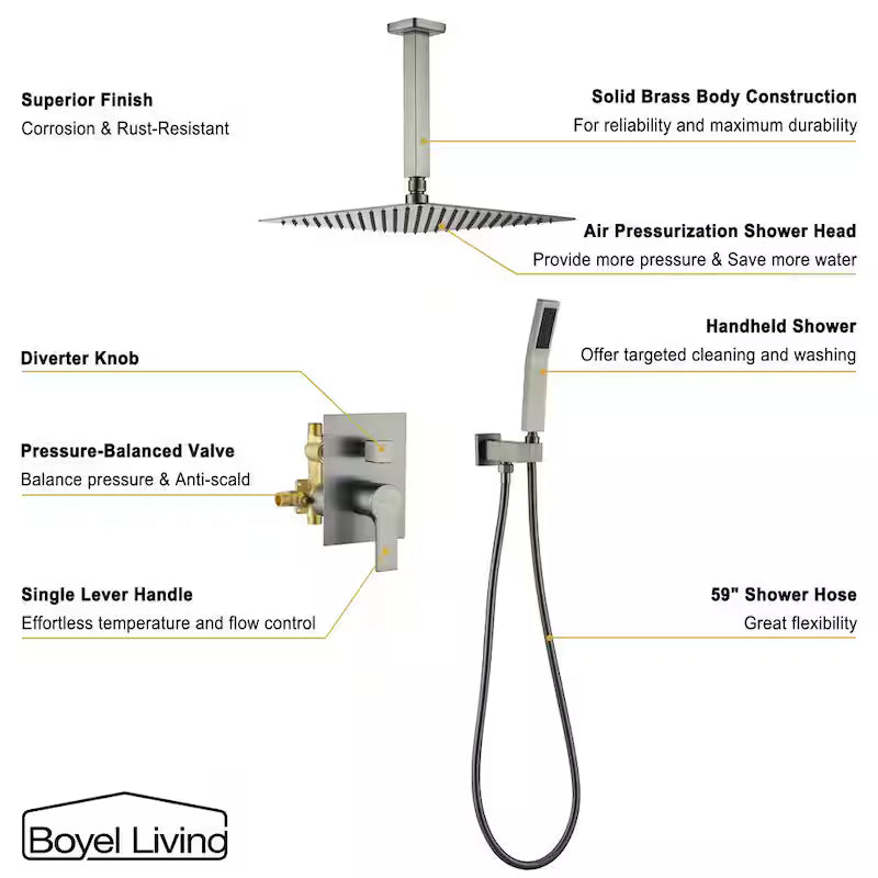 12 in. Ceiling Mount Dual Shower Heads with Pressure Balance Valve in Brushed Nickel V87739