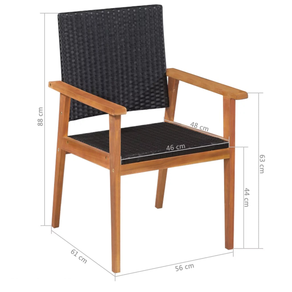 5 Piece Acacia Wood Top Dining Table and 4 Chairs Black Poly Rattan Outdoor Dining Set T5495