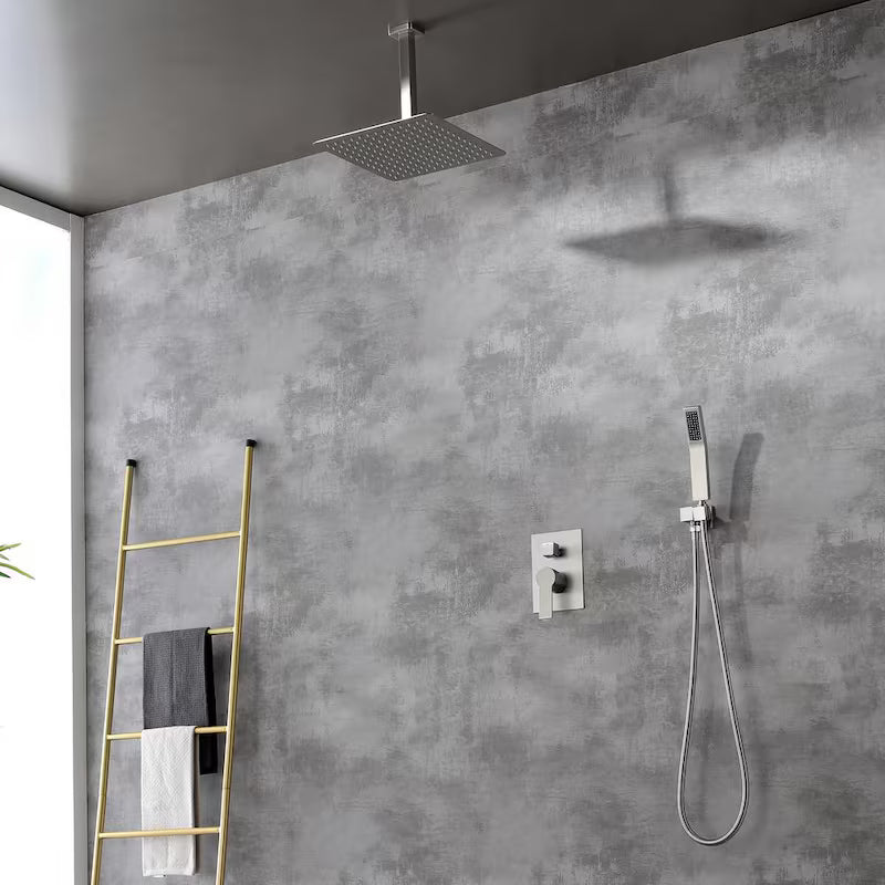 12 in. Ceiling Mount Dual Shower Heads with Pressure Balance Valve in Brushed Nickel V87739