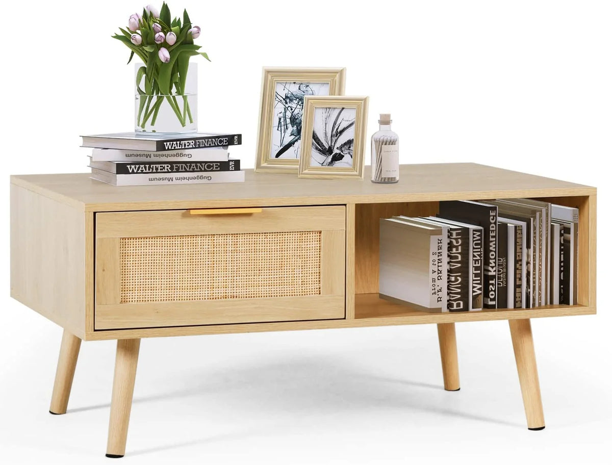 Rattan Coffee Table with 2 Drawers Natural Wood C2316