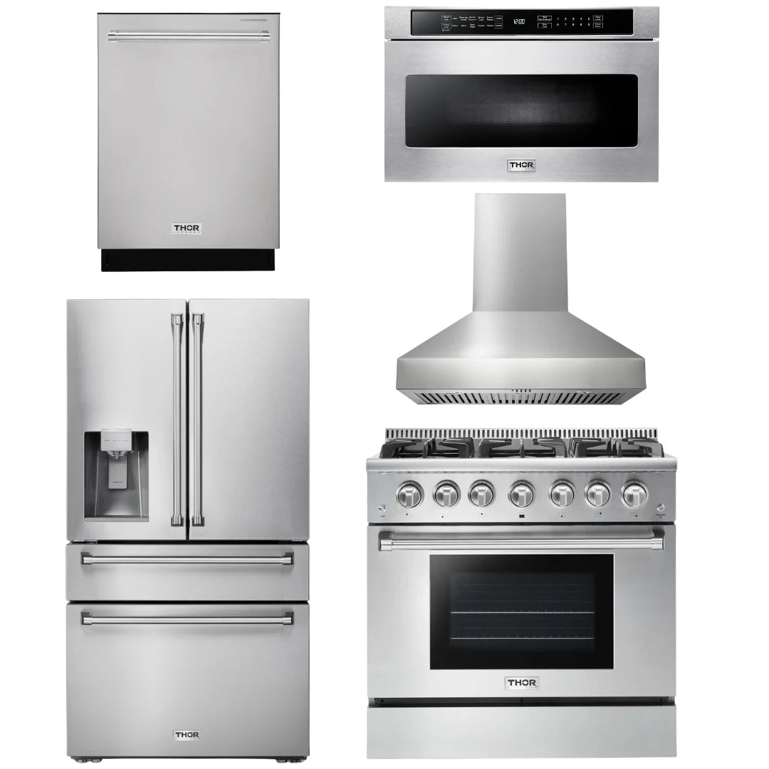 36 Propane Gas Range, Range Hood, Microwave, Refrigerator, Dishwasher Y494