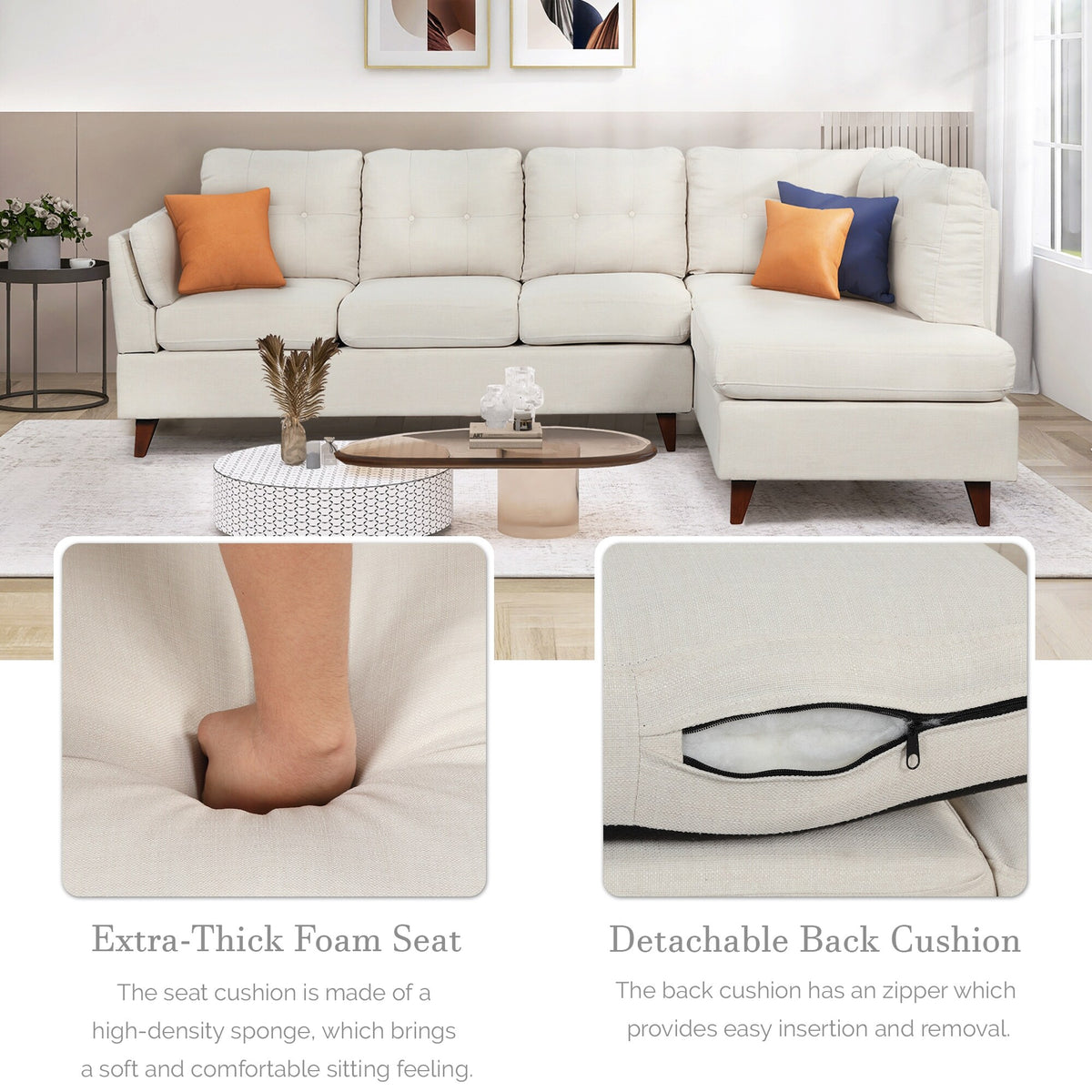 Beige Linen Fabric Sectional Sofa with Lumbar Pad B49697
