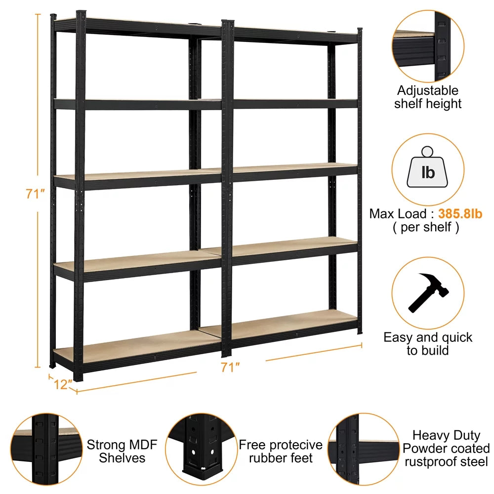 5-Shelf Adjustable Steel Storage Shelf Unit, Black, 2 Pack C706511